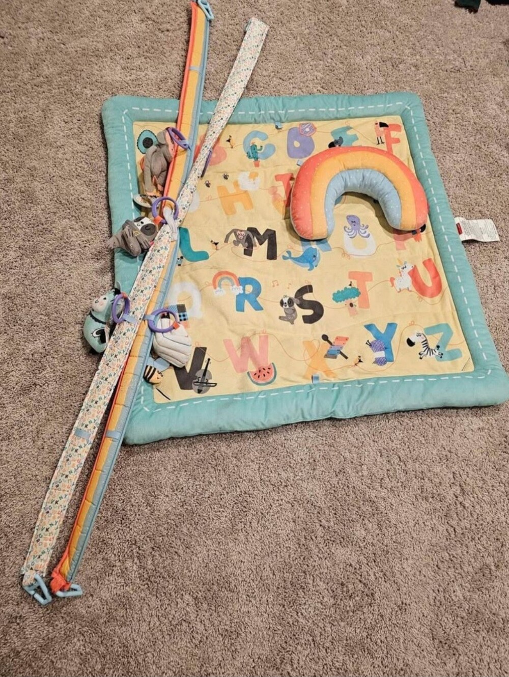 Alphabet Play Mat with Rainbow Pillow & Activity Arch - Teal, Yellow & Pastel